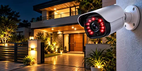 Night Security Camera Over Modern Home